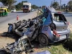 The mangled remains of the car along the Delhi-Jaipur Expressway (PTI) The mangled remains of the car along the Delhi-Jaipur Expressway (PTI)