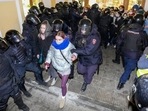 Police detain a demonstrator during an action against Russia's attack on Ukraine in St. Petersburg, Russia, Wednesday.(AP) Police detain a demonstrator during an action against Russia's attack on Ukraine in St. Petersburg, Russia, Wednesday.(AP)