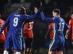 Chelsea's Saul Niguez celebrates scoring their first goal with Romelu Lukaku