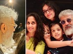 Ajith Kumar poses for a picture with wife Shalini, daughter Anoushka and son Aadvik.