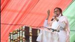 West Bengal chief minister Mamata Banerjee addresses a UP poll meeting in Varanasi district on Thursday. (PTI PHOTO)