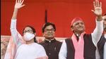 West Bengal chief minister Mamata Banerjee and Samajwadi Party president Akhilesh Yadav at a public meeting for the ongoing UP assembly polls, in Varanasi district on Thursday. (PTI)