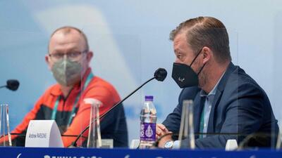 IPC president Andrew Parsons (right) sitting alongside IPC chief brand and communications officer Craig Spence (left) as they speak to the media to address the official IPC statement that athletes from the Russian Paralympic Committee and Belarus, who were to compete as neutral athletes under the Paralympic flag, are no longer allowed to compete at the games, during a press conference for the Beijing 2022 Winter Paralympic Games in Beijing, on Thursday. (AFP) IPC president Andrew Parsons (right) sitting alongside IPC chief brand and communications officer Craig Spence (left) as they speak to the media to address the official IPC statement that athletes from the Russian Paralympic Committee and Belarus, who were to compete as neutral athletes under the Paralympic flag, are no longer allowed to compete at the games, during a press conference for the Beijing 2022 Winter Paralympic Games in Beijing, on Thursday. (AFP)