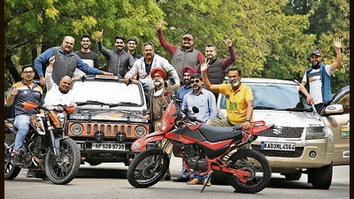 Participants of the of SJOBA motor sport rally after a press conference at St John’s High School, Sector 26, in Chandigarh on Thursday. (Ravi Kumar/HT)