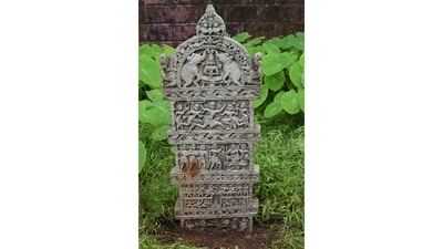 A hero stone commemorates the bravery of a local man who died trying to safeguard his village, Pedem in Canacona. The lower panels show the elaborate funeral of the village hero while the top panel is dedicated to goddess Gajalakshmi, flanked by two elephants. (Photo courtesy Pantaleão Fernandes) A hero stone commemorates the bravery of a local man who died trying to safeguard his village, Pedem in Canacona. The lower panels show the elaborate funeral of the village hero while the top panel is dedicated to goddess Gajalakshmi, flanked by two elephants. (Photo courtesy Pantaleão Fernandes)
