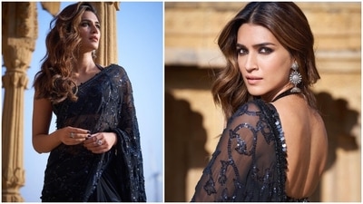 Kriti Sanon is currently occupied with the promotions of her upcoming film Bachchan Paandey which is slated to release on March 18. The actor recently took to her Instagram handle to share a few photos of herself in an embellished black Manish Malhotra saree. (Instagram/@kritisanon) Kriti Sanon is currently occupied with the promotions of her upcoming film Bachchan Paandey which is slated to release on March 18. The actor recently took to her Instagram handle to share a few photos of herself in an embellished black Manish Malhotra saree. (Instagram/@kritisanon)
