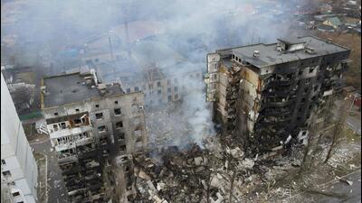 A residential building destroyed by shelling, as Russia's invasion of Ukraine continues, in the settlement of Borodyanka in the Kyiv region. (REUTERS) A residential building destroyed by shelling, as Russia's invasion of Ukraine continues, in the settlement of Borodyanka in the Kyiv region. (REUTERS)
