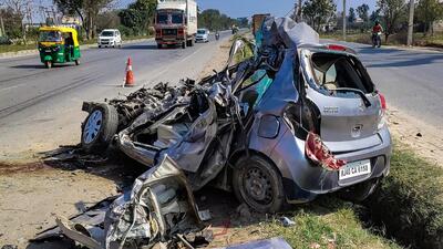 According to the police, the car was headed towards Bhiwari in Rajasthan from Kakrola in Haryana’s Bilaspur, when it rear-ended a truck on the highway. (PTI) According to the police, the car was headed towards Bhiwari in Rajasthan from Kakrola in Haryana’s Bilaspur, when it rear-ended a truck on the highway. (PTI)