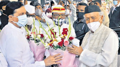 Governor Bhagat Singh Koshyari being welcomed on his arrival at Vidhan Bhavan on Thursday. ANI Governor Bhagat Singh Koshyari being welcomed on his arrival at Vidhan Bhavan on Thursday. ANI
