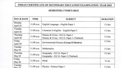 ICSE, ISC Semester 2 exam time table 2022: The semester 2 exam timetable for Class 10 (ICSE) and Class 12 (ISC) can be checked on the official website of CISCE at cisce.org. (cisce.org)