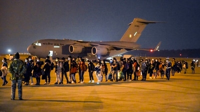 Ghaziabad: Indian nationals, evacuated from crisis-hit Ukraine, upon their arrival at the Hindon Air Force Station in Ghaziabad, early Thursday, March 3, 2022. (PTI Photo/Ravi Choudhary) (PTI)
