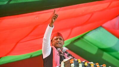 Samajwadi Party chief Akhilesh Yadav at a poll rally in Varanasi. (PTI PHOTO)