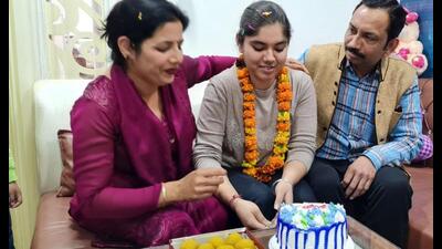 Drishti Sharma at her residence at Maur in Bathinda on Thursday