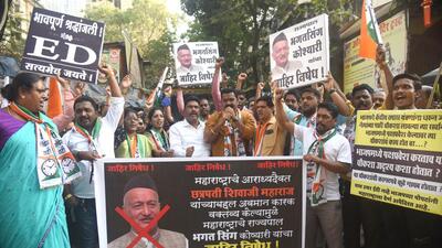 The constituents of the ruling coalition held protests against governor Bhagat Singh Koshyari for his comments on Shivaji’s guru. (HT PHOTO) The constituents of the ruling coalition held protests against governor Bhagat Singh Koshyari for his comments on Shivaji’s guru. (HT PHOTO)