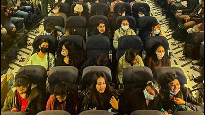 Indian nationals, evacuated from war-torn Ukraine, aboard an IAF C-17 Globemaster plane in Bucharest. As part of Operation Ganga, the C-17 plane carrying 200 passengers, mostly students, returned to Hindon airbase early Thursday. (PTI) Indian nationals, evacuated from war-torn Ukraine, aboard an IAF C-17 Globemaster plane in Bucharest. As part of Operation Ganga, the C-17 plane carrying 200 passengers, mostly students, returned to Hindon airbase early Thursday. (PTI)