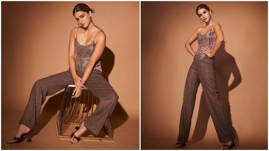 Kriti Sanon was spotted laying fashion cues to raise the glam quotient in a brown Ralph Lauren brown sequins top and straight cut pants.(Instagram/@sukritigrover)