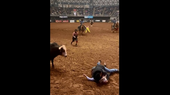 The image shows the dad protecting his son from a raging bull in Texas. (Instagram/@cody__hooks)
