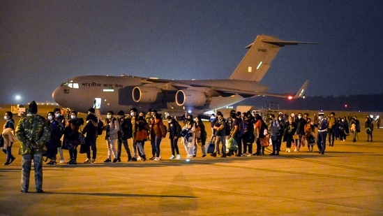 Ghaziabad: Indian nationals, evacuated from crisis-ridden Ukraine, upon arrival at Hindon Air Force Station in Ghaziabad, early Thursday, March 3, 2022. (PTI Photo/Ravi Choudhary)(PTI)