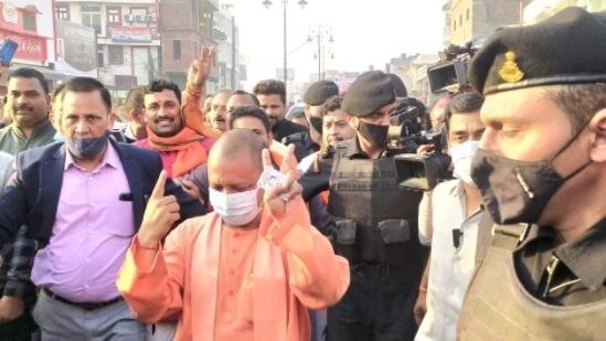 Chief minister Yogi Adityanath after casting his vote on Thursday in the 6th phase of UP election.&nbsp;