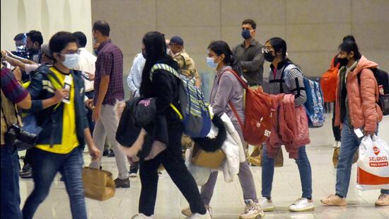 Indian students arrive at Chhatrapati Shivaji Maharaj International Airport after being evacuated from war-hit Ukraine, in Mumbai on Thursday. (ANI)