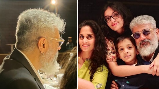 Ajith Kumar poses for a picture with wife Shalini, daughter Anoushka and son Aadvik.