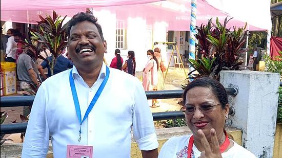 Congress candidate from Calangute, Michael Lobo and his wife Delilah Lobo after casting votes for Goa Assembly elections. The votes will be counted on March 10 (ANI)