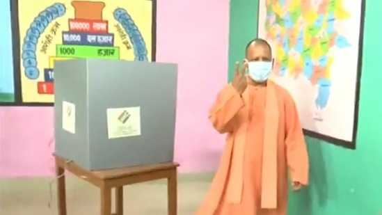 Uttar Pradesh Chief Minister Yogi Adityanath casts his vote in the sixth phase of Assembly elections, in Gorakhpur on Thursday. (ANI)