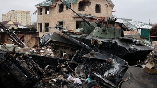 A destroyed armoured vehicle, with the letter "V" painted on its turret, is seen on a street, as Russia's invasion of Ukraine continues. (File photo- REUTERS)