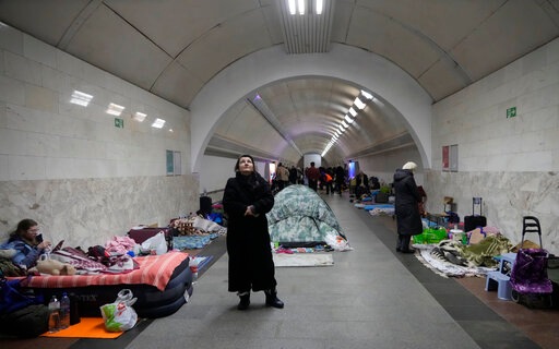 People gather in the Kyiv subway, using it as a bomb shelter in Kyiv on March 2, 2022. (AP) People gather in the Kyiv subway, using it as a bomb shelter in Kyiv on March 2, 2022. (AP)