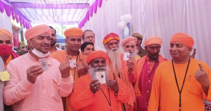 Sadhus and priests cast their votes in Gorakhpur.