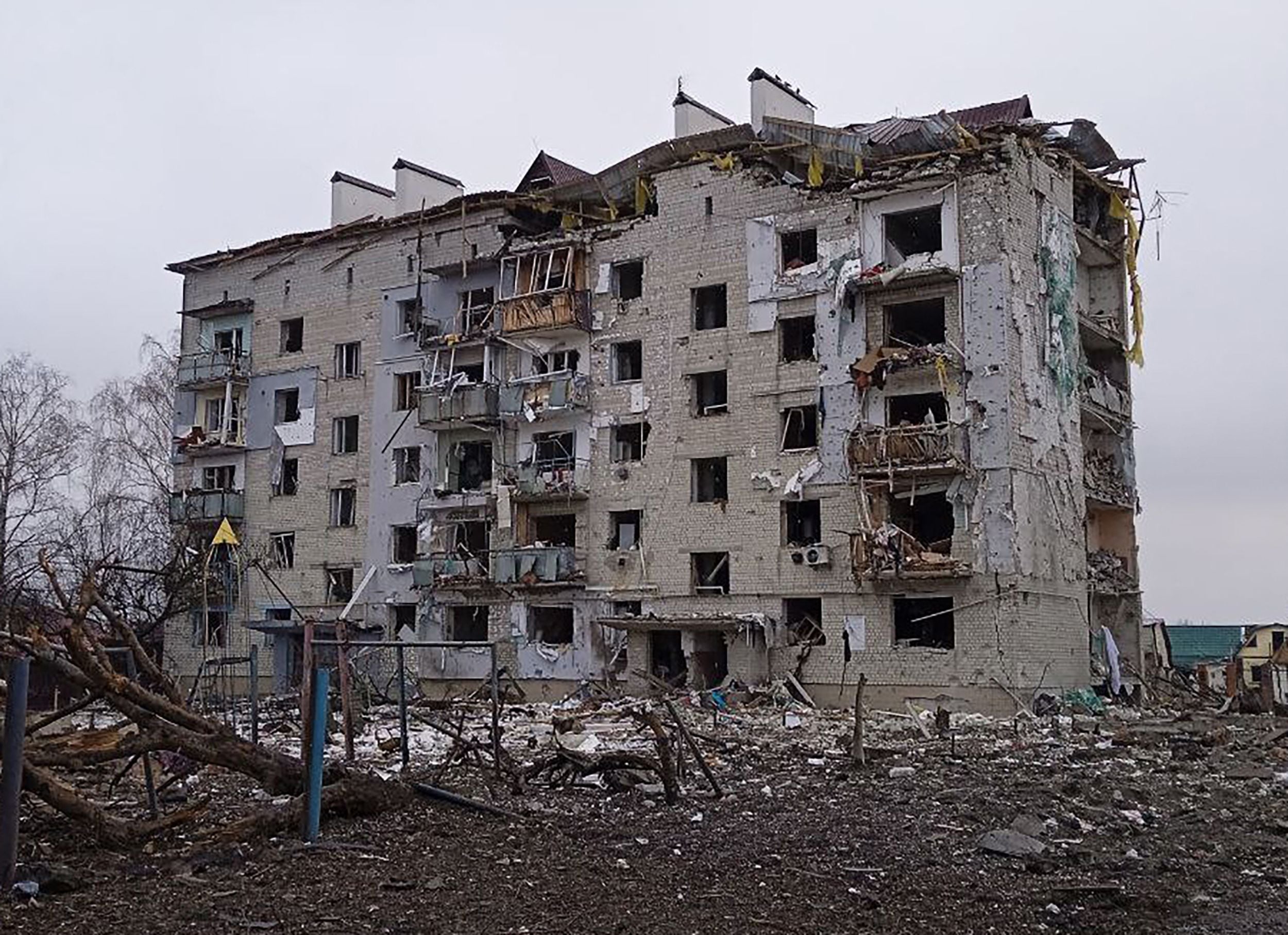 This picture made available by ESN on March 3, 2022 shows a destroyed building in Borodyanka, northwest of Kyiv. - (Photo by @StahivUA/ESN/AFP)