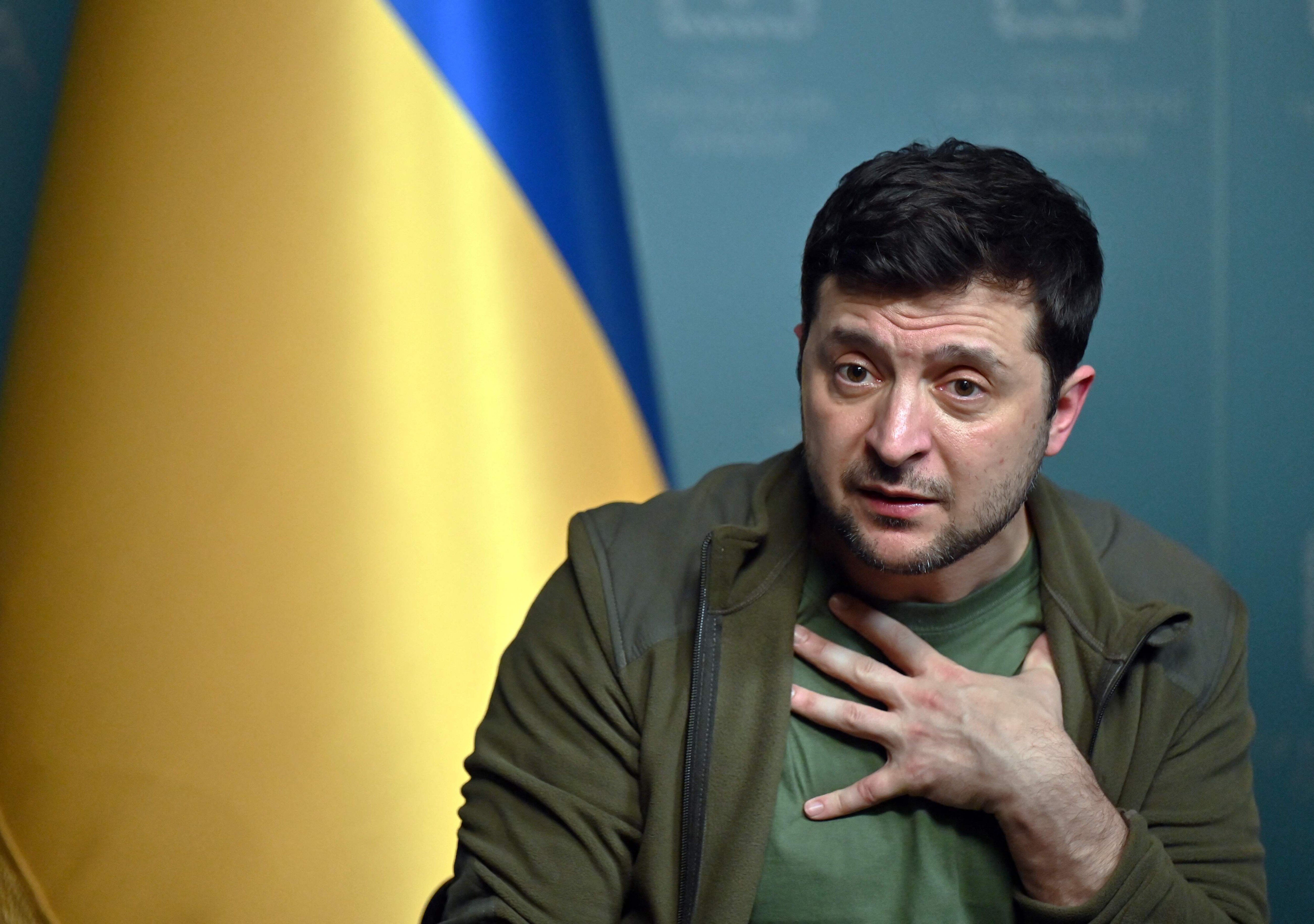 Ukrainian President Volodymyr Zelenskyy speaks during a press conference in Kyiv on March 3, 2022. (Photo by Sergei SUPINSKY/AFP) Ukrainian President Volodymyr Zelenskyy speaks during a press conference in Kyiv on March 3, 2022. (Photo by Sergei SUPINSKY/AFP)