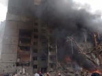 Firefighters work to extinguish a fire at a damaged city center after a Russian air raid in Chernigiv, Ukraine, Thursday, March 3, 2022.(AP) Firefighters work to extinguish a fire at a damaged city center after a Russian air raid in Chernigiv, Ukraine, Thursday, March 3, 2022.(AP)