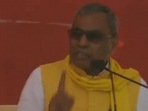 UP Election 2022: OP Rajbhar is seen addressing a rally in a screengrab from video tweeted by ANI.&nbsp;
