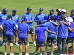 Mohali: Indian cricket team head coach Rahul Dravid speaks to the team members during a practice session ahead of the 1st cricket test match between India and Sri Lanka.