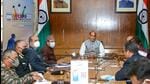 Defence minister Rajnath Singh during a meeting to review the preparations of DefExpo-2022, in New Delhi. (PTI) Defence minister Rajnath Singh during a meeting to review the preparations of DefExpo-2022, in New Delhi. (PTI)