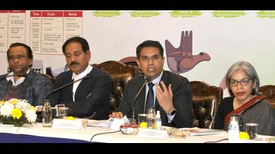UT administration officials, including adviser Dharam Pal, during a press conference on the Iconic Week celebrations. (Keshav Singh/HT)