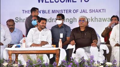 Union Jal Sakthi minister Gajendra Singh Shekawat with chief minister YS Jagan Mohan Reddy reviewed project works. (HT Photo) Union Jal Sakthi minister Gajendra Singh Shekawat with chief minister YS Jagan Mohan Reddy reviewed project works. (HT Photo)