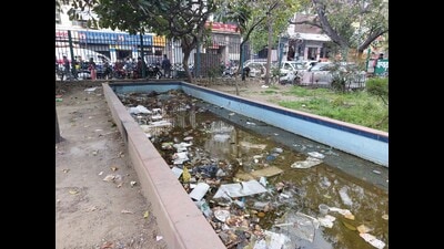 The defunct fountain area at the Ludhiana MC headquarters is filled with filth and garbage and has become a breeding ground for mosquitoes during the rainy season. (HT Photo) The defunct fountain area at the Ludhiana MC headquarters is filled with filth and garbage and has become a breeding ground for mosquitoes during the rainy season. (HT Photo)