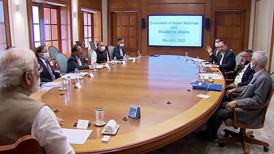 Prime Minister Narendra Modi chairs a meeting with external affairs minister S Jaishankar, foreign secretary Harsh V Shringla, national security advisor Ajit Doval and others to discuss the ongoing evacuation drive of Indians and the situation in conflict-hit Ukraine, in New Delhi on Friday. (ANI)