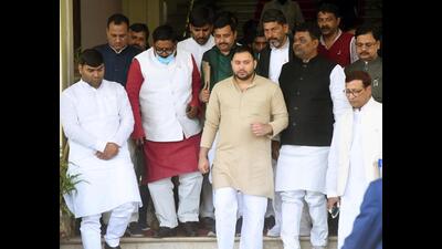 Leader of Opposrition Tejashwi Yadav comes out of the Bihar assembly on Friday. (Santosh Kumar/HT Photo) Leader of Opposrition Tejashwi Yadav comes out of the Bihar assembly on Friday. (Santosh Kumar/HT Photo)