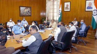 Defence Minister Rajnath Singh reviews the preparations for Defence Expo 2022, in New Delhi. (ANI)