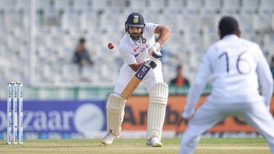Mohali: India's captain Rohit Sharma plays a shot on the 1st day of the first cricket test match between India and Sri Lanka, at IS Bindra PCA Stadium. (PTI) Mohali: India's captain Rohit Sharma plays a shot on the 1st day of the first cricket test match between India and Sri Lanka, at IS Bindra PCA Stadium. (PTI)