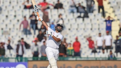 India batter Rishabh Pant hits a six during the 1st day of the cricket test match between India and Sri Lanka at IS Bindra PCA Stadium, in Mohali (PTI) India batter Rishabh Pant hits a six during the 1st day of the cricket test match between India and Sri Lanka at IS Bindra PCA Stadium, in Mohali (PTI)