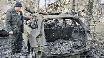 An area destroyed by Russian shelling, in the settlement of Byshiv in the Kyiv region, Ukraine. (Reuters)