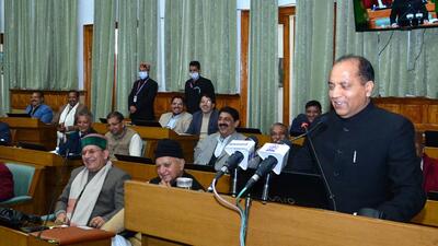 Himachal chief minister Jai Ram Thakur presenting the budget in Vidhan Sabha on Friday. (Deepak Sansta/HT) Himachal chief minister Jai Ram Thakur presenting the budget in Vidhan Sabha on Friday. (Deepak Sansta/HT)