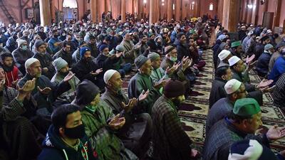 Devotees offer prayers at Jamia Masjid as it reopens after Jammu and Kashmir authorities allow congregational prayers following the relaxation of Covid restrictions, in Srinagar on Friday. (Imran Nissar)