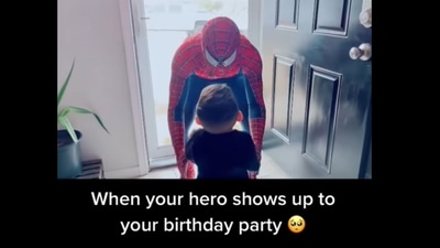 The kid's reaction when he sees Spider-Man at his doorstep on his birthday is too adorable to watch. (worthfeed/Instagram) The kid's reaction when he sees Spider-Man at his doorstep on his birthday is too adorable to watch. (worthfeed/Instagram)
