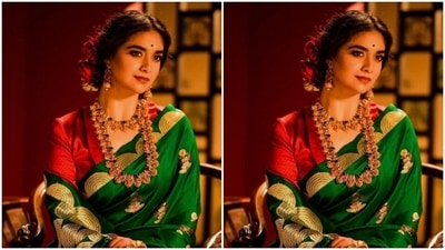 Keerthy played muse to the fashion designer house Raw Mango and picked a bright green saree for the pictures. (Instagram/@keerthysureshofficial)