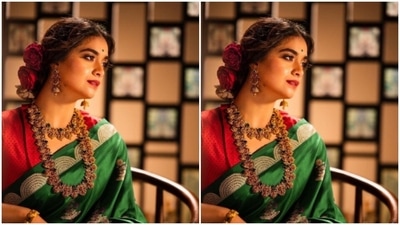 In a gold choker, gold necklace and gold jhumkas from the shelves of Josalukkas, Keerthy looked like a pretty Indian bride. (Instagram/@keerthysureshofficial)